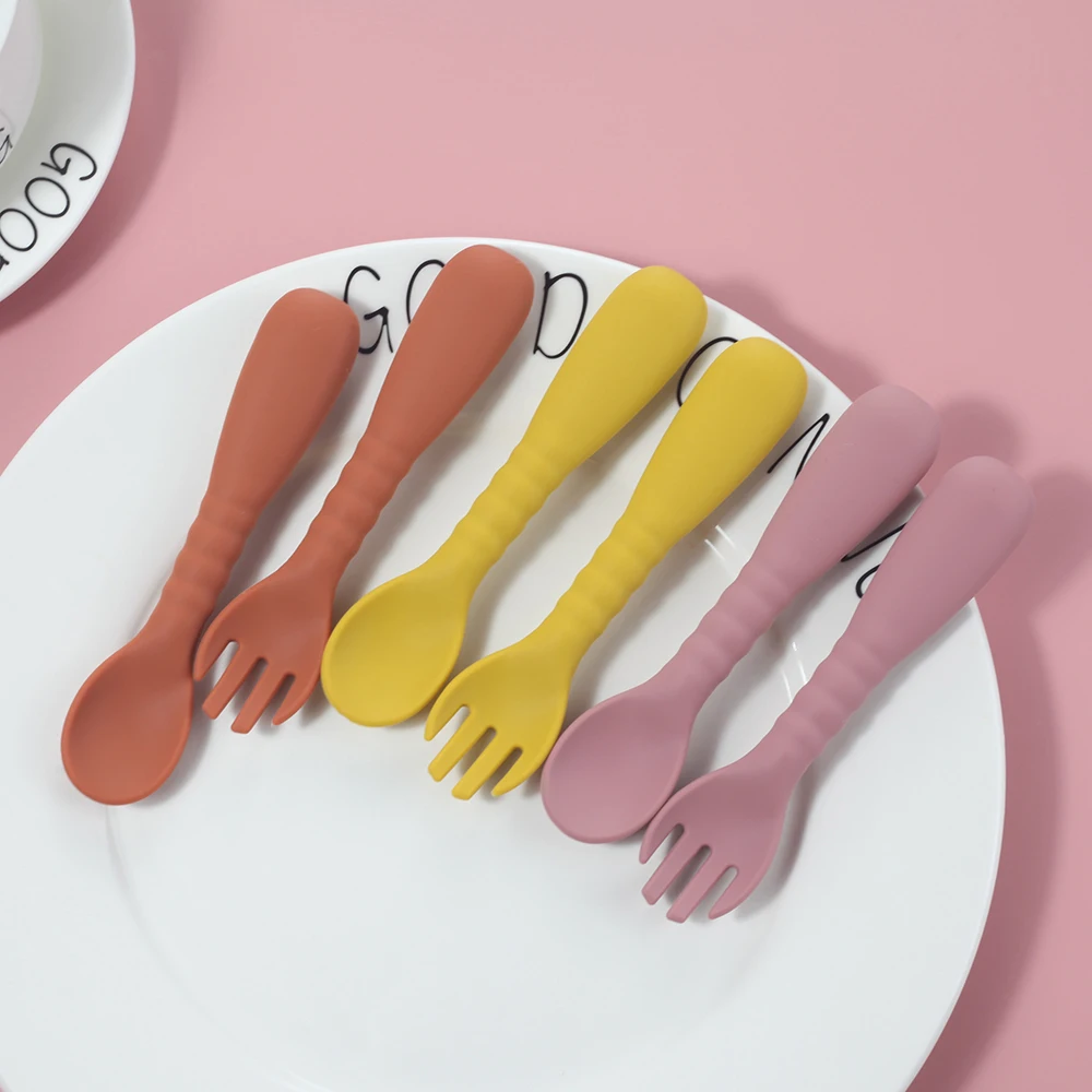 

2pcs Bpa-free Soft Silicone Spoon And Fork Feeding Set For Babies Toddler Cutlery Solid Food Tableware Children
