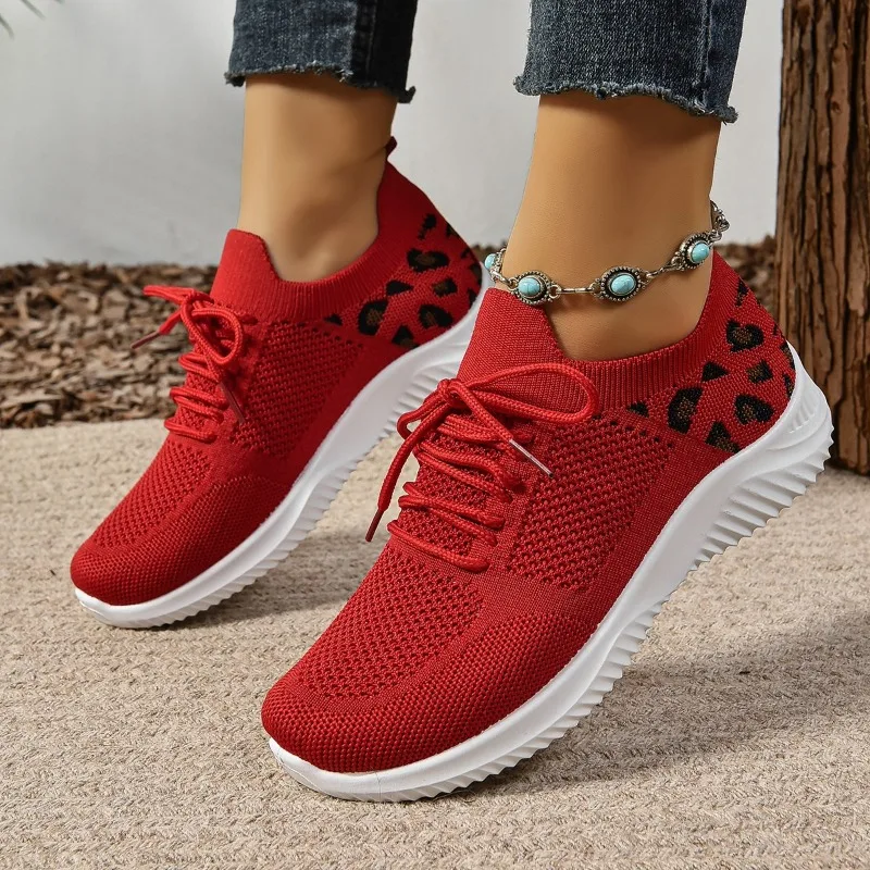 Ladies Shoes 2024 Brand Lace-up Women's Vulcanize Shoes Fashion Leopard Print Ladies Casual Shoes New Round Head Mesh Sneakers