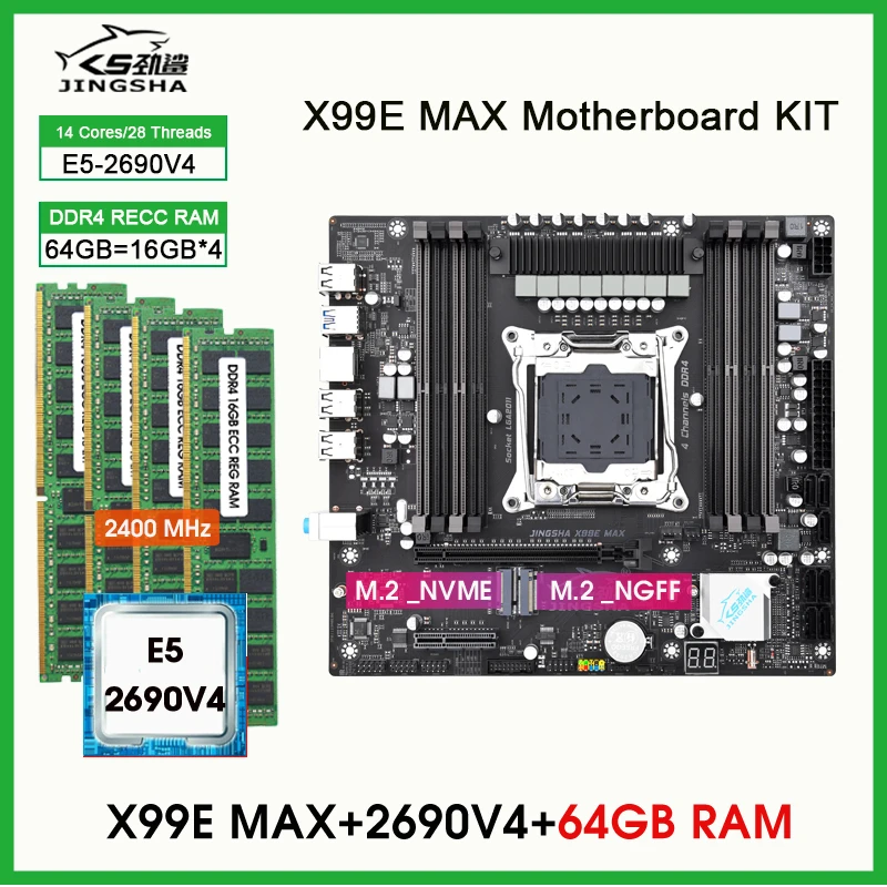 

Placa baseX99 LGA 2011-3 Kit combinado con xeon E5 2690 V4 CPU 64GB DDR4 2400Mhz memoria cuatro canales hasta 256G placa mae x99