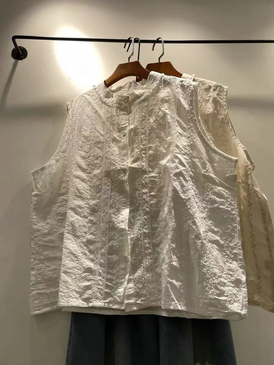2026 Women's Pure Cotton Lace Embroidered Sleeveless Blouse Mori Girl Cotton Stand Collar Button Front Casual Tank Top