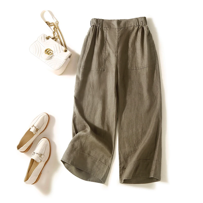 

2022 Summer New Arts Style Women Elastic Waist Loose Ankle-length Pants All-matched Casual Cotton Linen Wide Leg Pants C364