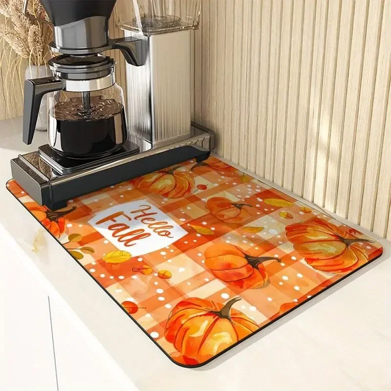 Hello Fall Pumpkin Plaid Absorbent Dish Drying Mat Kitchen Counter Drainer Mat Coffee Station Pad Bathroom Quick-Dry Mat