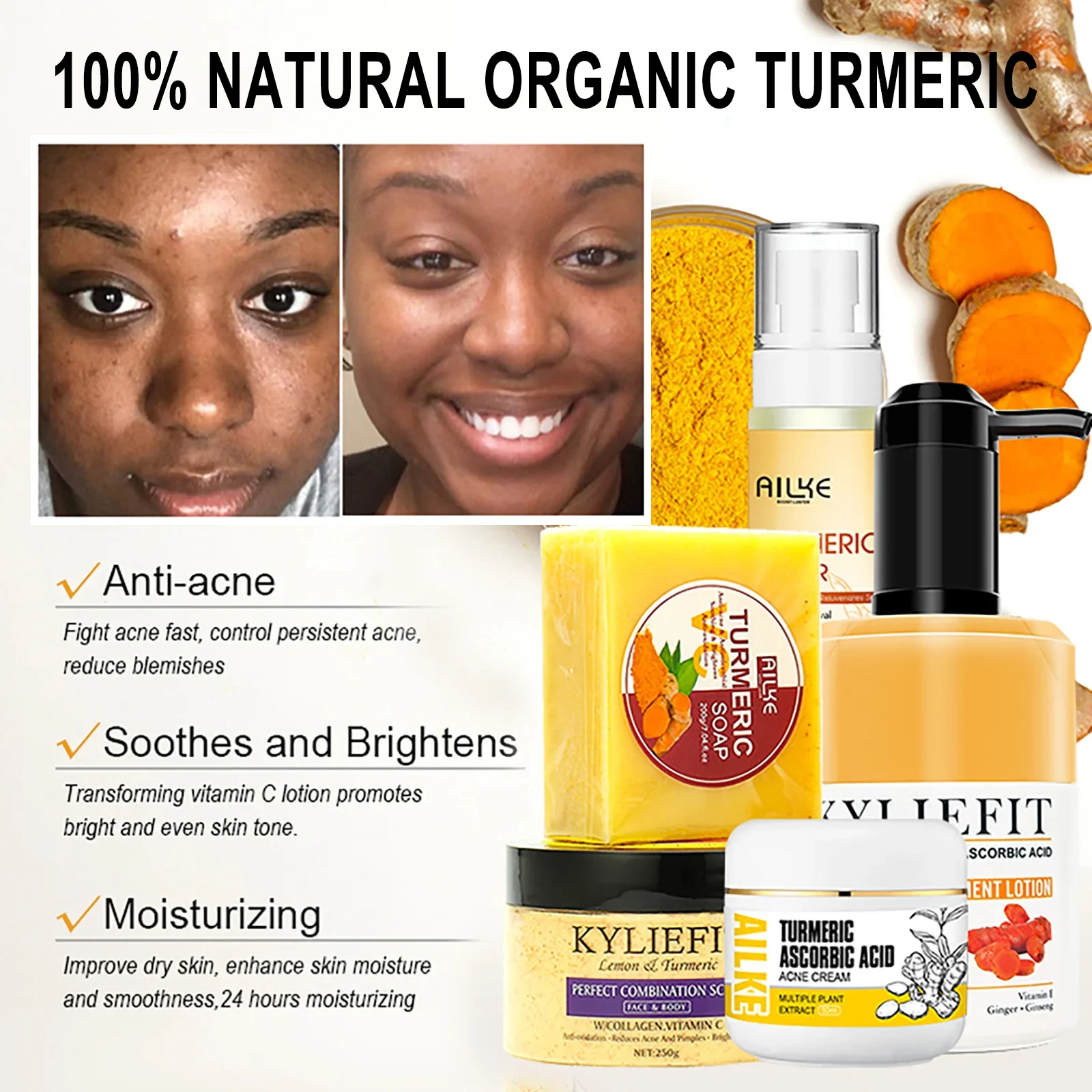 AILKE Organic Turmeric Skin Care, Lighten, Improve Dullness, Brightening, Hydration, Exfoliates, Smooths Skin, For Men And Women