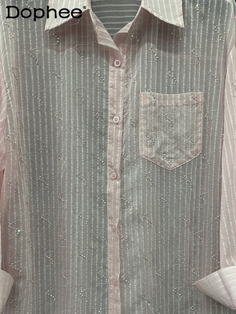 2025 Summer New Hot Diamond Letter Thin Long-sleeved Shirt Women's Loose Casual Style Versatile Sunscreen Shirt Top