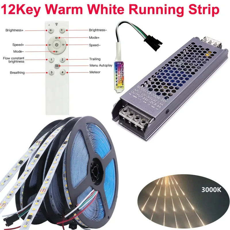5M LED light strip WS2811 24V DC flowing water, wireless controller flexible light strip 120Leds/M IP30 with power supply