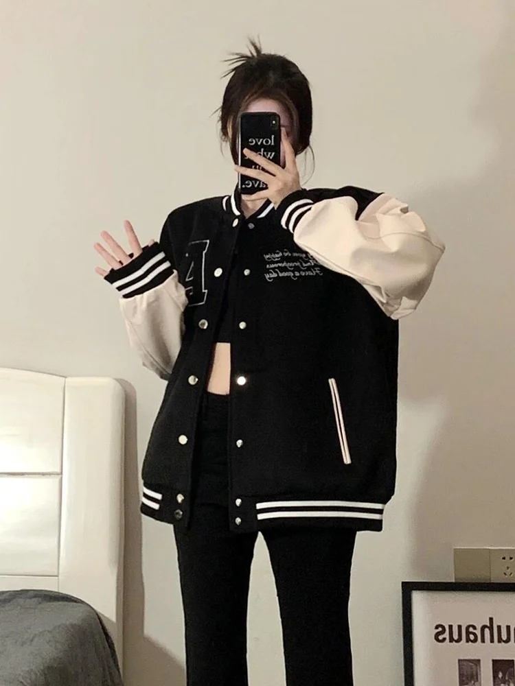 Jaquetas de Baseball Femininas em Rayon com Estampa de Leopardo para Outono e Inverno, Casaco Bomber Pesado com Forro de Lã e Mangas Longas