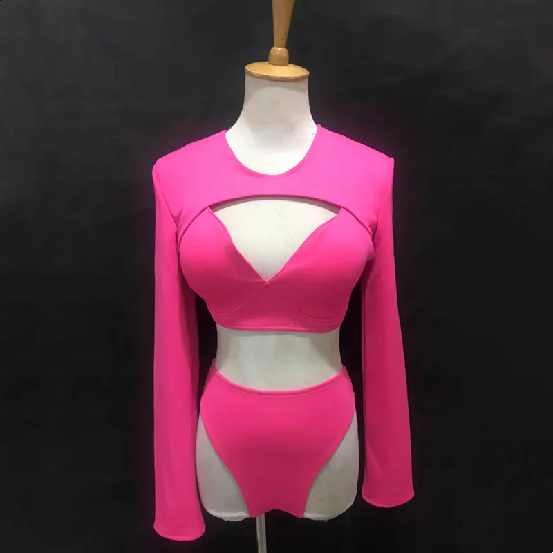 ナイトクラブ女性シンガーダンスチームコスチュームゴーゴーダンサーセクシーパフォーマンスステージウェアクラブパーティーピンクビキニ3点セットレイブ衣装