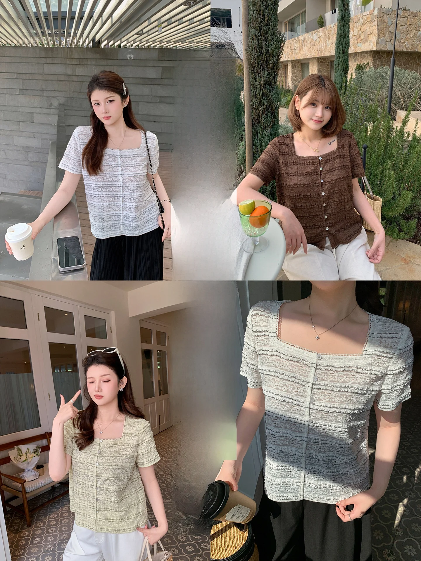 

plus Size Women's Short Sleeve Shirt Lace Trim Square Collar Casual Style Summer Fashion Shape Fit Single Button Closure