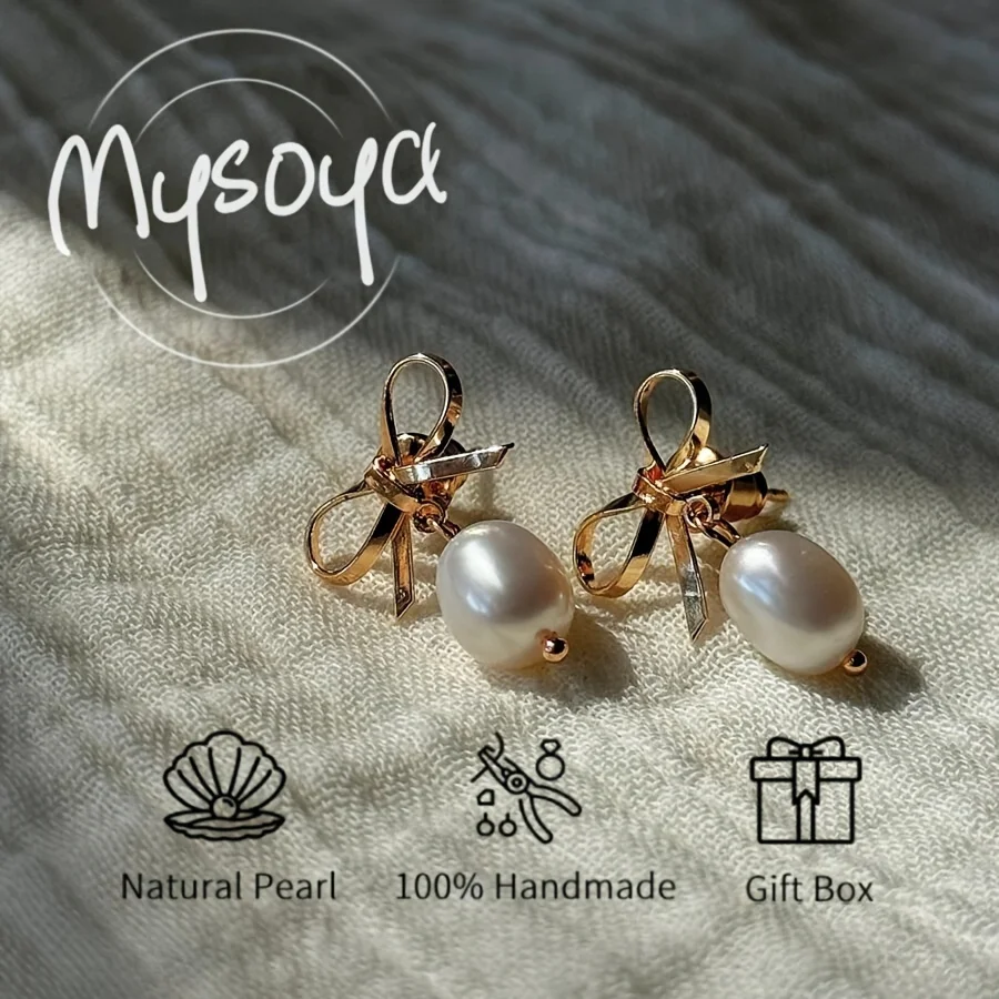 

Mysoya Freshwater Pearl Bow Earrings, 6-7mm Pearls, Gift Box Included Gift for Him Her Perfect for Birthdays and Valentine's Day