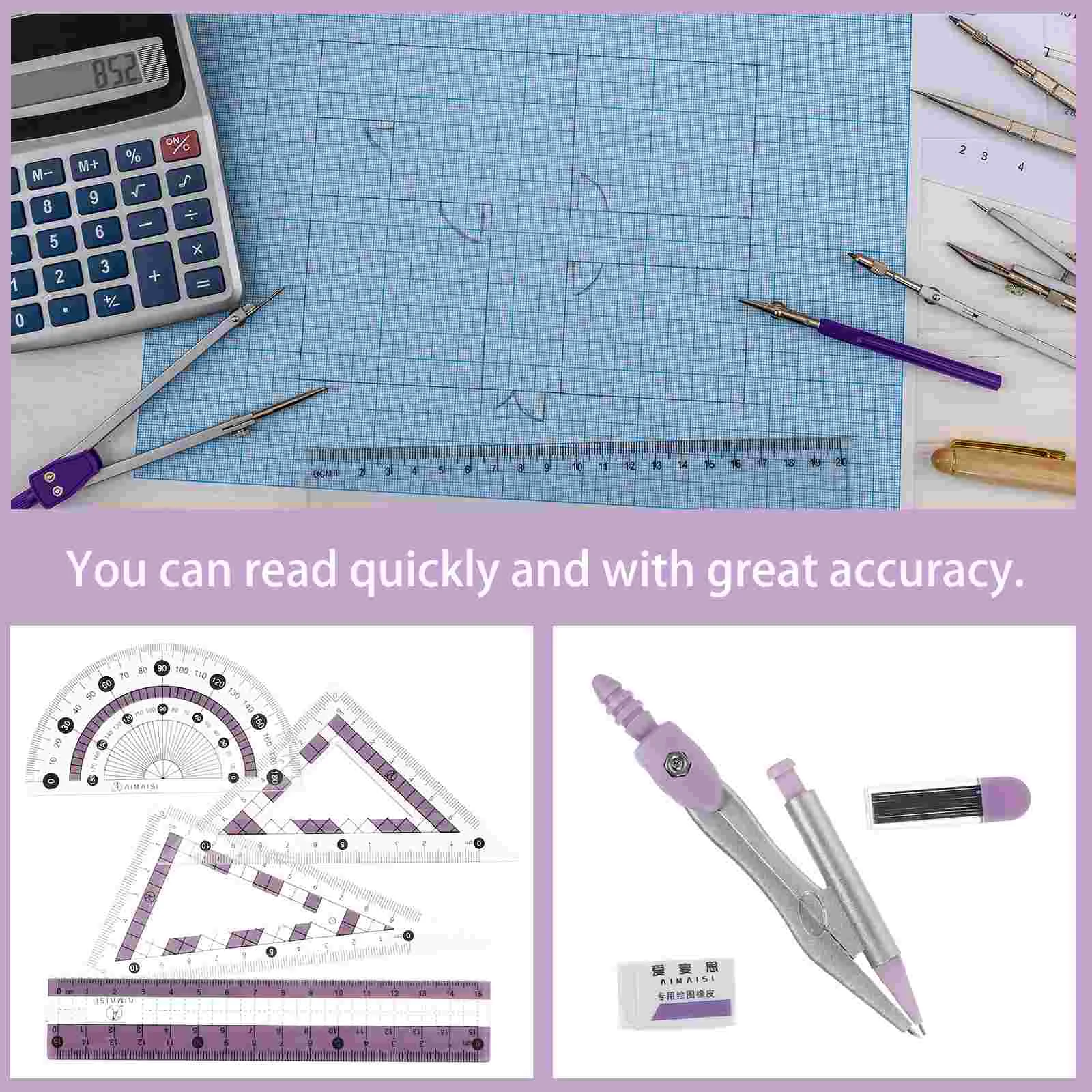 Ruler Set Compass Stationery Office Supplies Protractor Drawing Triangle Kit Wrought Iron and for Geometry Child School