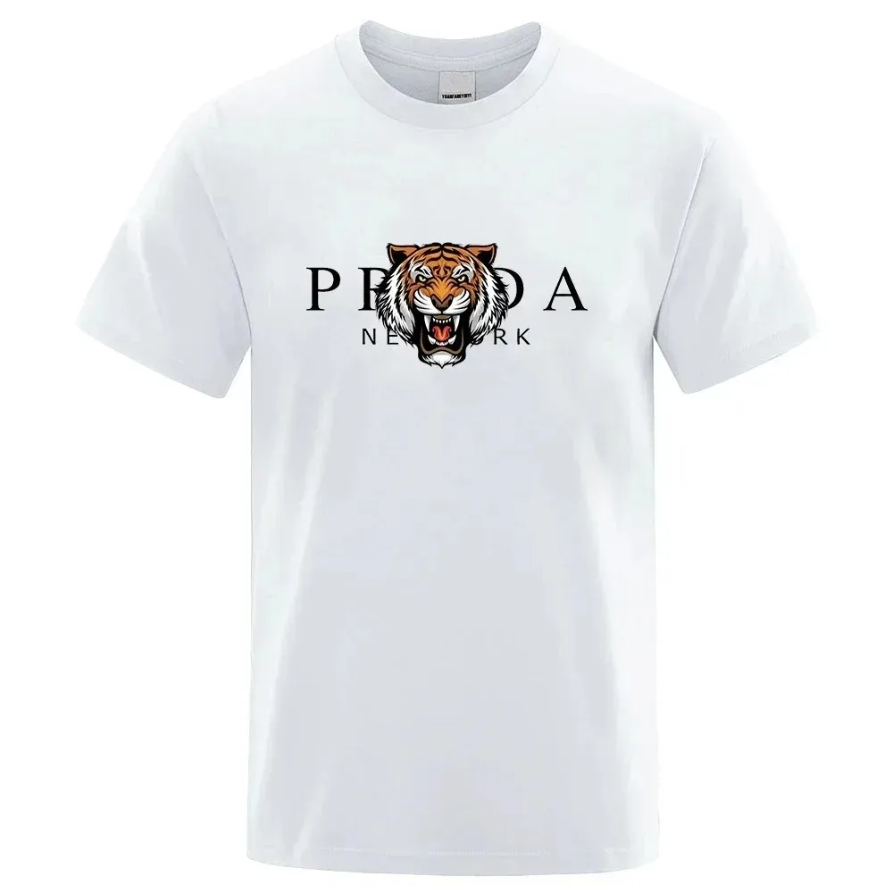 Summer Cotton T-shirt For Men Tiger Print Solid Color Short Sleeve Tees Unisex Casual Harajuku Y2K Tops Shirts Streetwear Cloth