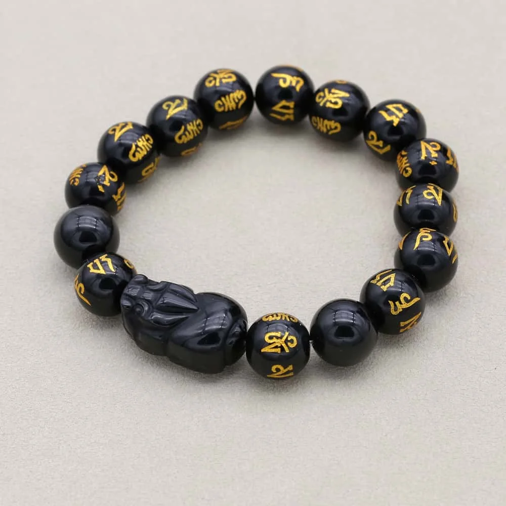 12mm Polished Motto Beads Obsidian Bracelet Handmade Meditation Buddhism Six Words Men Pixiu Charm Bracelet Lucky Gift