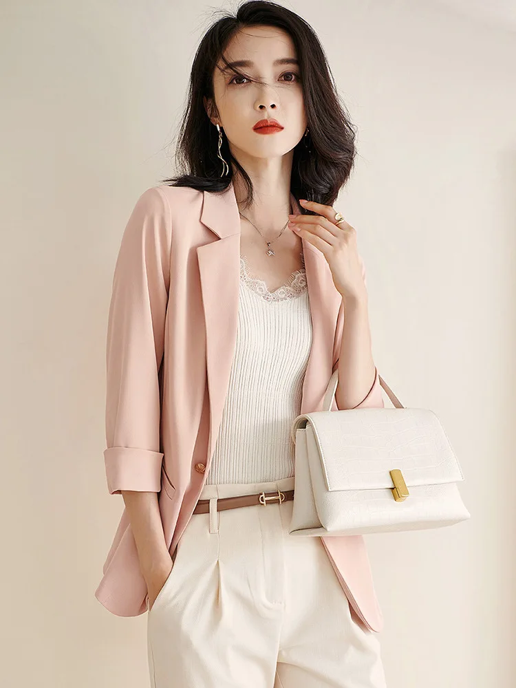 Thin Seven Minute Sleeve Suit Jacket for Female Intellectual and Elegant One Button Slim Spring and Summer 2024