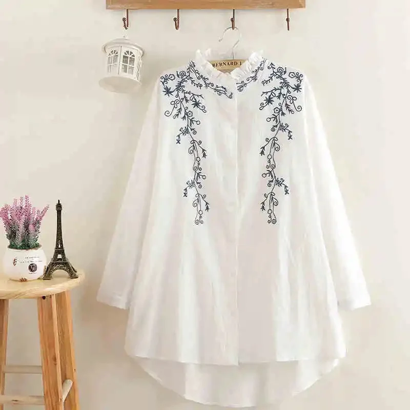 

Spring Summer Middle-aged Women Cotton Linen Shirts Oversize Loose Long Sleeve Blouses Embroidery Casual Tops Vintage Shirts