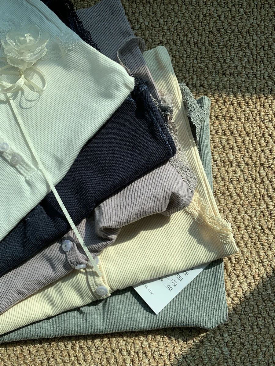 Spitze Trim Lila Schlank Tank Tops Frauen Sommer Vier Tasten Baumwolle Leibchen Weibliche Casual Süße Alle-spiel Grundlegende gerippte Camis Neue – Detail 5