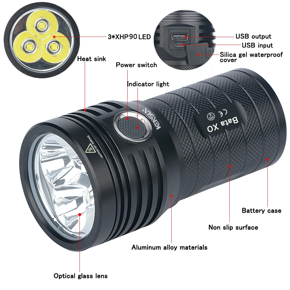 Powerful 3*XHP90 LED Flashlight Safety Lock High Lumen Rechargeable Tactical Torch Hand Lantern for Camping Hiking