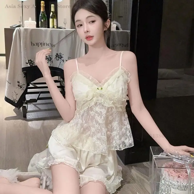Sexy Lace Pajamas Set Lady Elegant Home Wear Chemise Sleepwear French Princess Style Sweet Nightwear Loungewear Pijama Mujer