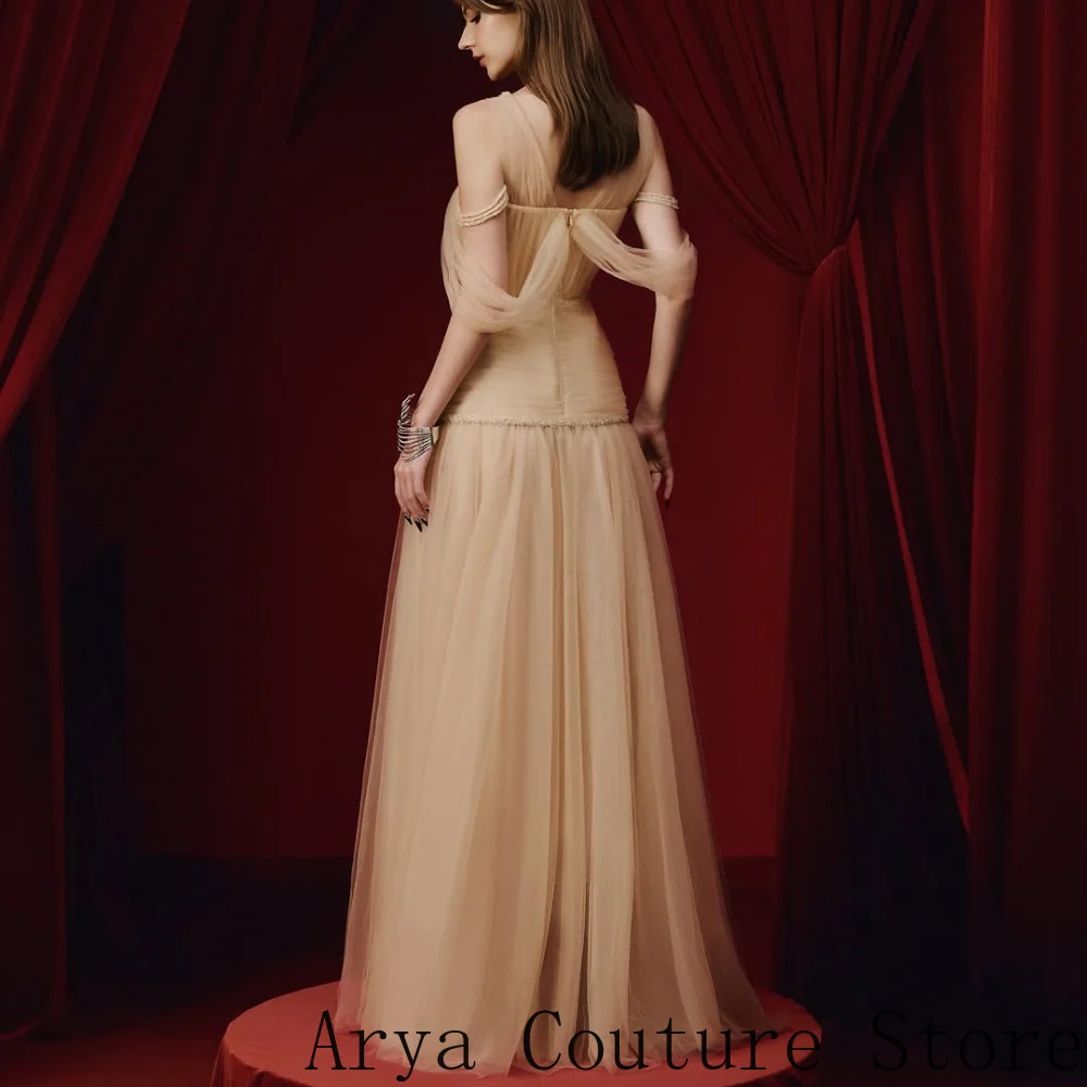 Nude A‑Line Evening Dress Deep V Neck Soft Tulle Fabric Boned Corset Bodice Detachable Flutter Sleeves Peplum Waist Design view 3