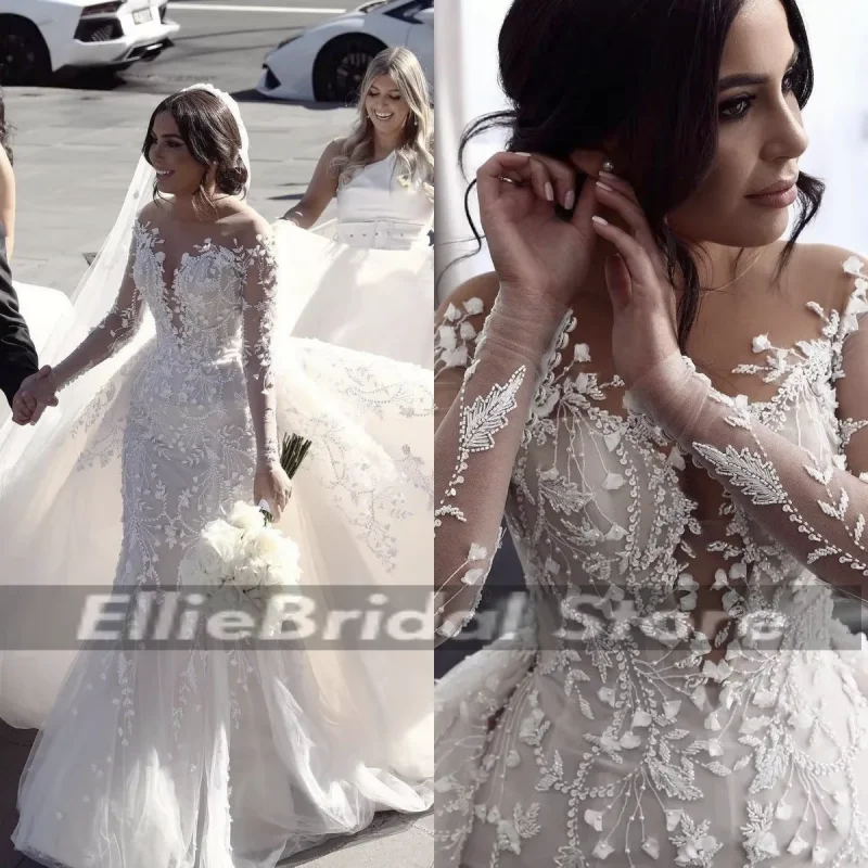 Elegant Wedding Dresses Women Mermaid Lace Aplique O Neck Long Sleeves Graceful Bridal Gowns Vestido De Novia Customized