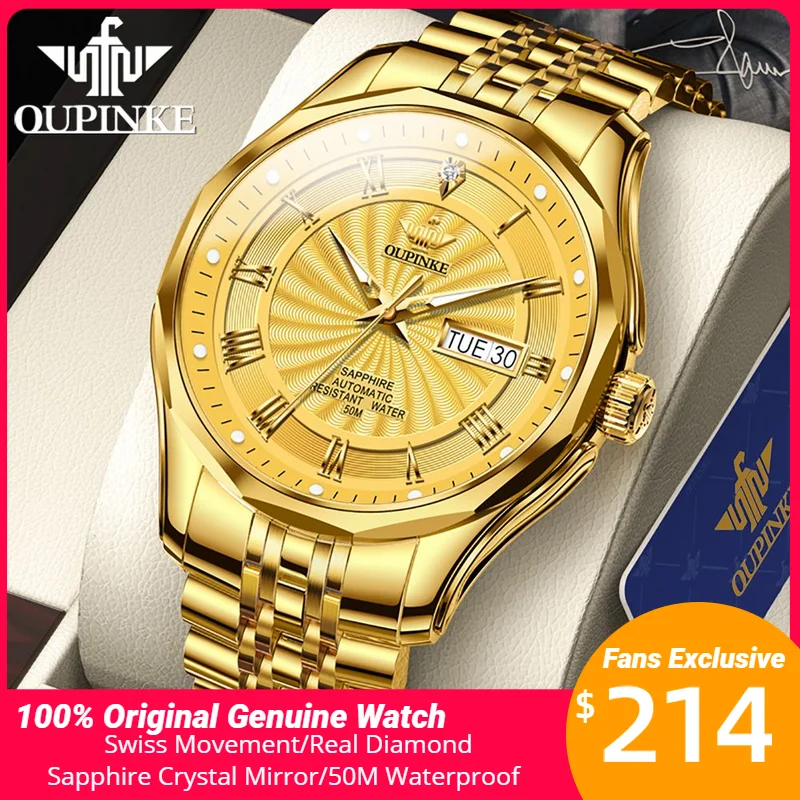 OUPINKE Automatic Mechanical Watch for Men Swiss Movement Real Diamond Sapphire Crystal Mirror 50M Waterproof Gold Watches 3207