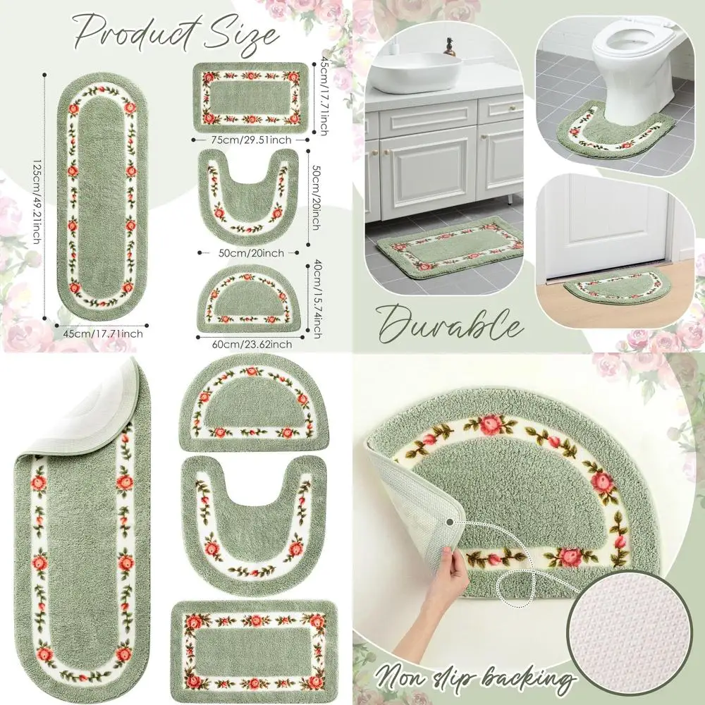 

Coquette Rose Bathroom Rug Set with 4 Pieces, Green Design, Non-Slip, Absorbent, Washable Mats for Home or Hotel