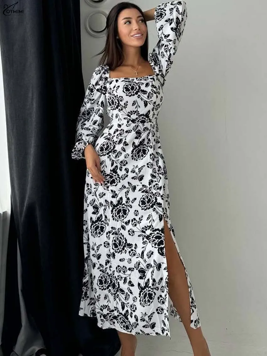 

Oymimi Elegant White Print Womens Dresses Fashion Square Neck Open Back Wrist Sleeve Dresses Autumn Side Slit Mid-Calf Dress