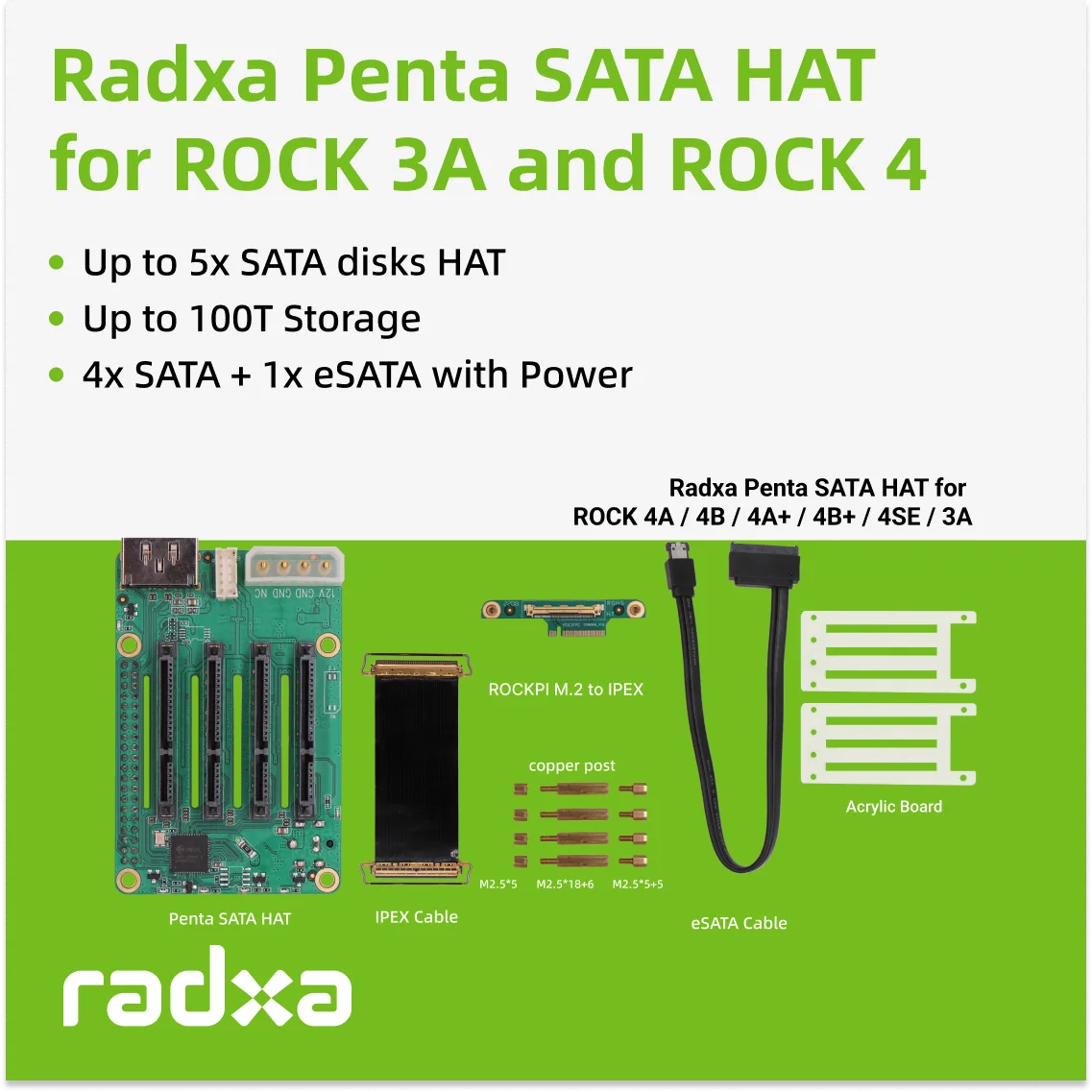 Кепка для дисков Radxa Penta SATA-Кепка До 5x SATA для Raspberry Pi 5 и ROCK Pi SBCs,3C,5A, 4A / 4B / 4SE / 4A + / 4B + / 3A