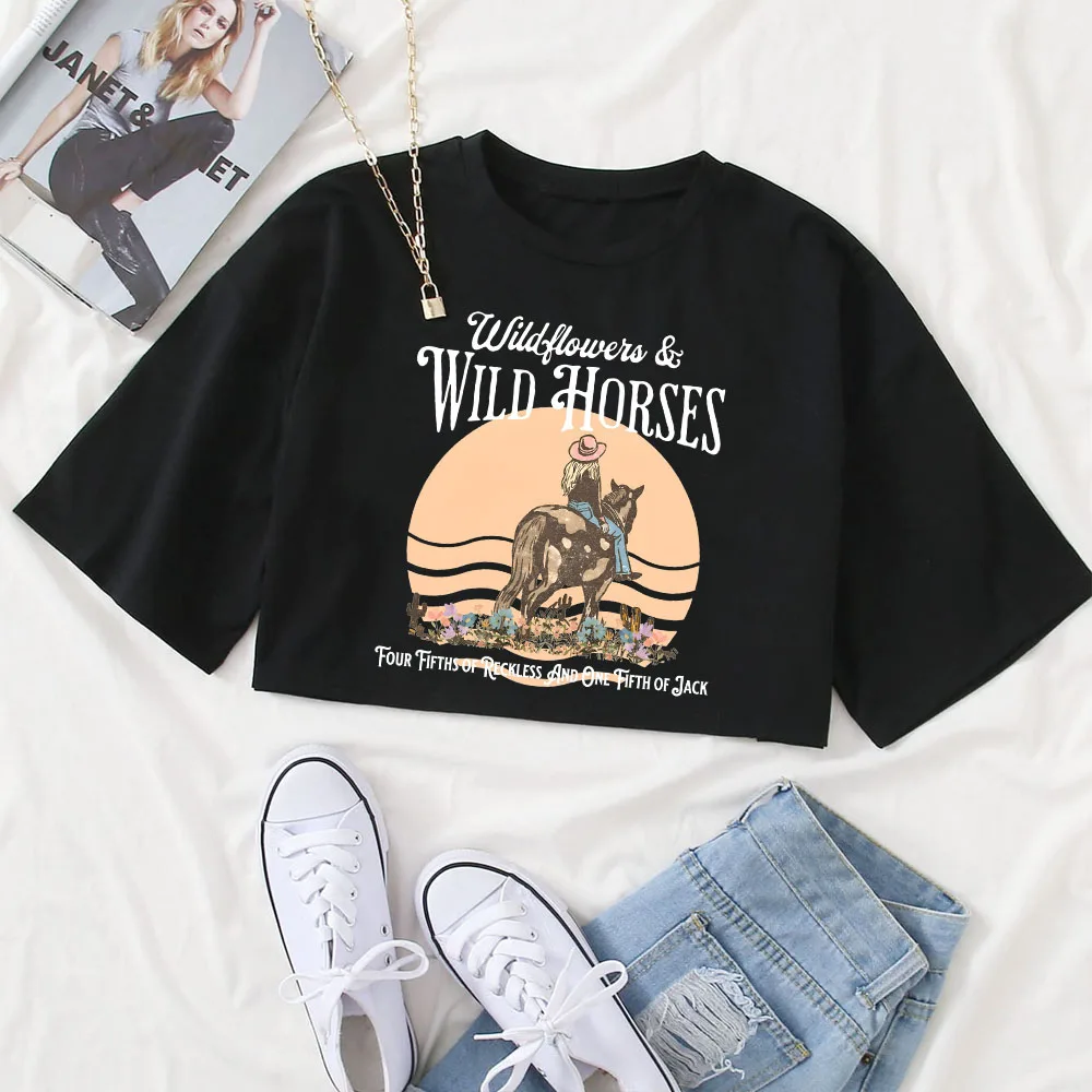 Lainey Wilson Wildflowers And Wild Horses Shirt Women O-Neck Short Sleeves Crop Tops T-shirt Fans Gift Tops