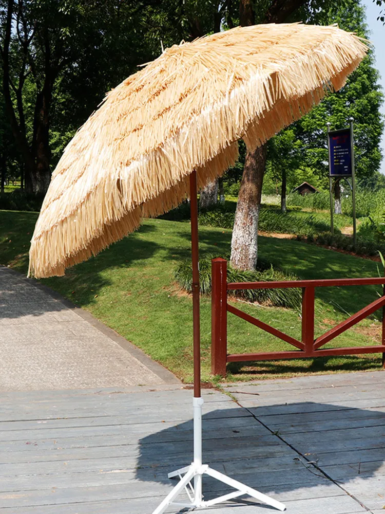 180X200CM Outdoor Simulated Thatch Umbrella Heavy Duty Patio Garden Pool Beach Sunshades UV Protect Backyard Parasol with Base