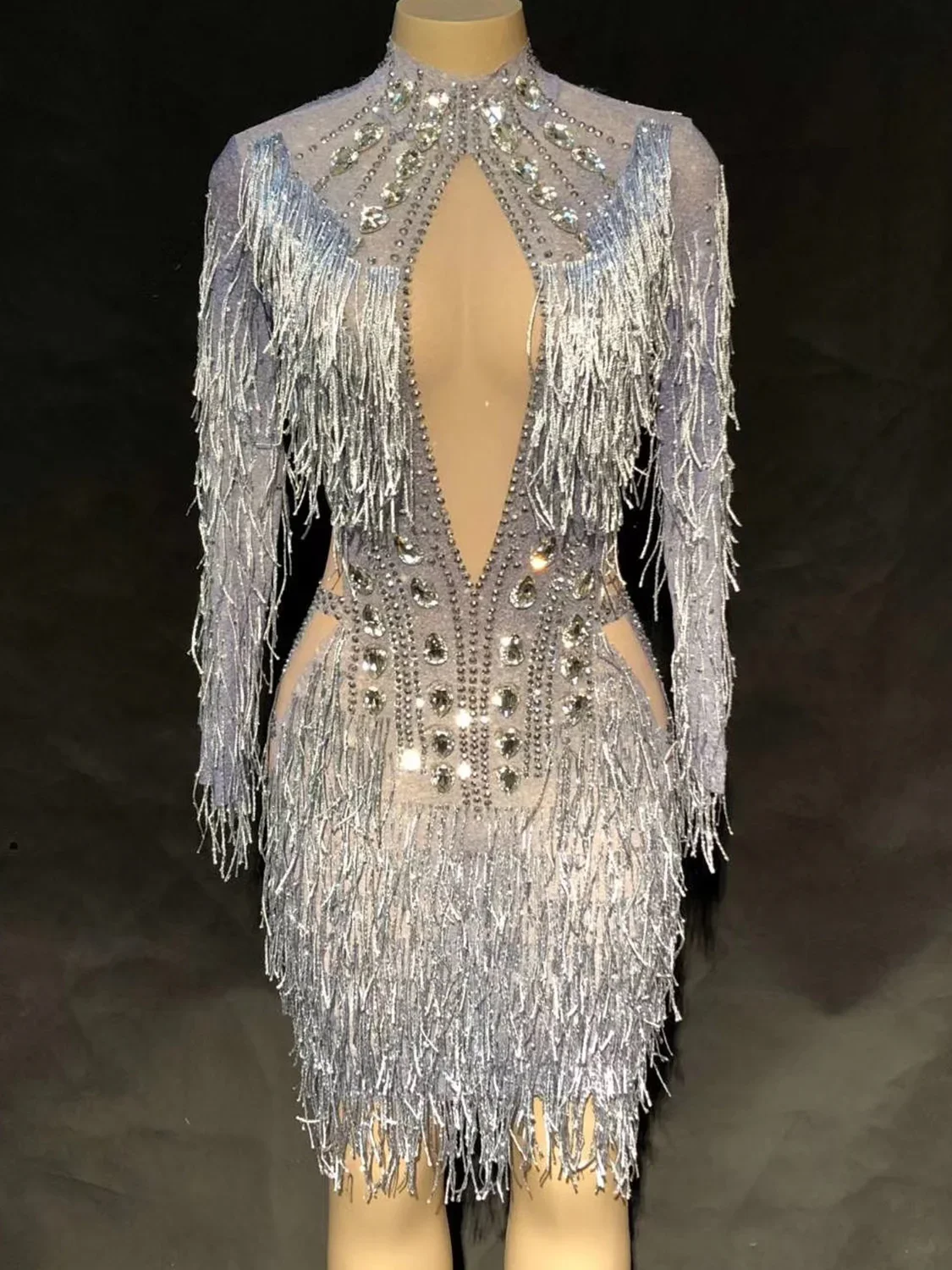 Silver Shining Tassel Crystal Rhinestones Long Sleeve Sexy Dress For Women Evening Ballroom Stage Entertainer Drag Queen Outfit