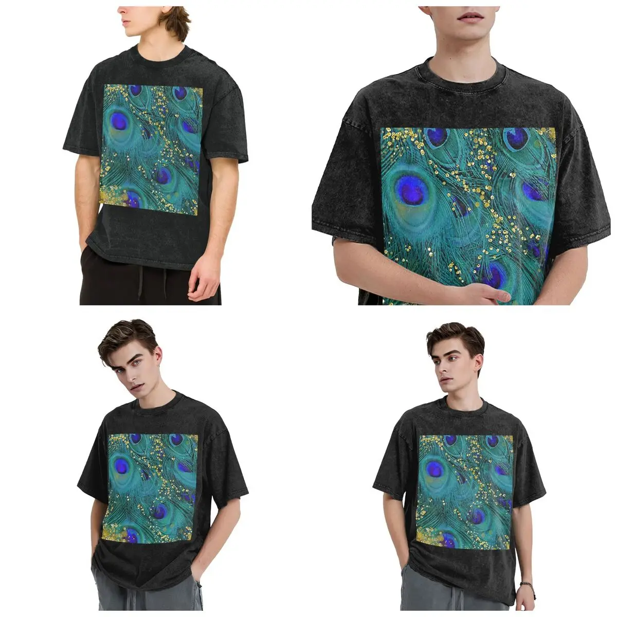 Streetwear T-Shirts Peacock Feathers Washed T Shirt Short Sleeve Hip Hop T-Shirt Tops Tees for Men Women