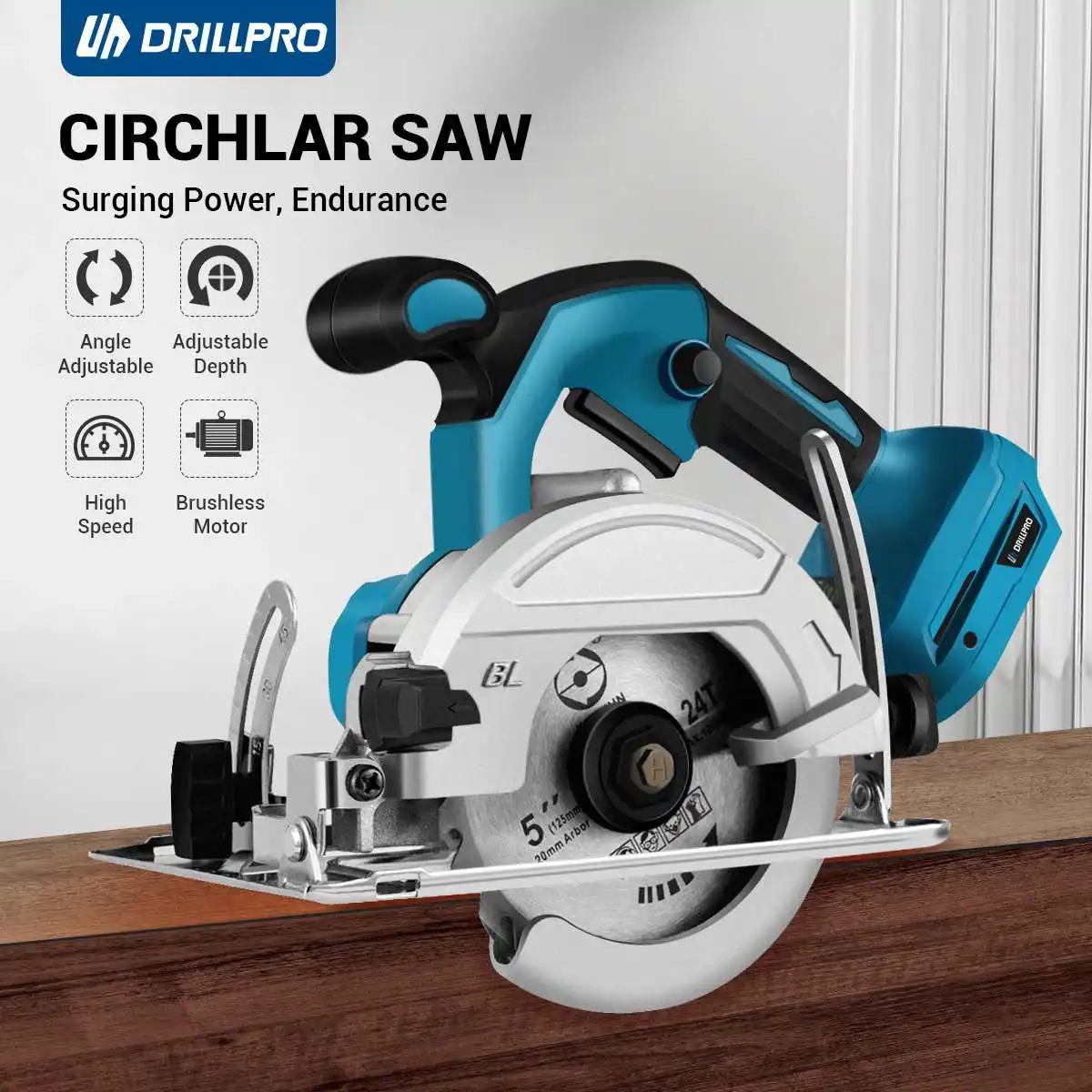 Drillpro 5Inch 125mm Brushless Mini Electric Circular Saw Cordless 0-45° Adjustbale Woodworking Power Tool For  18V Battery