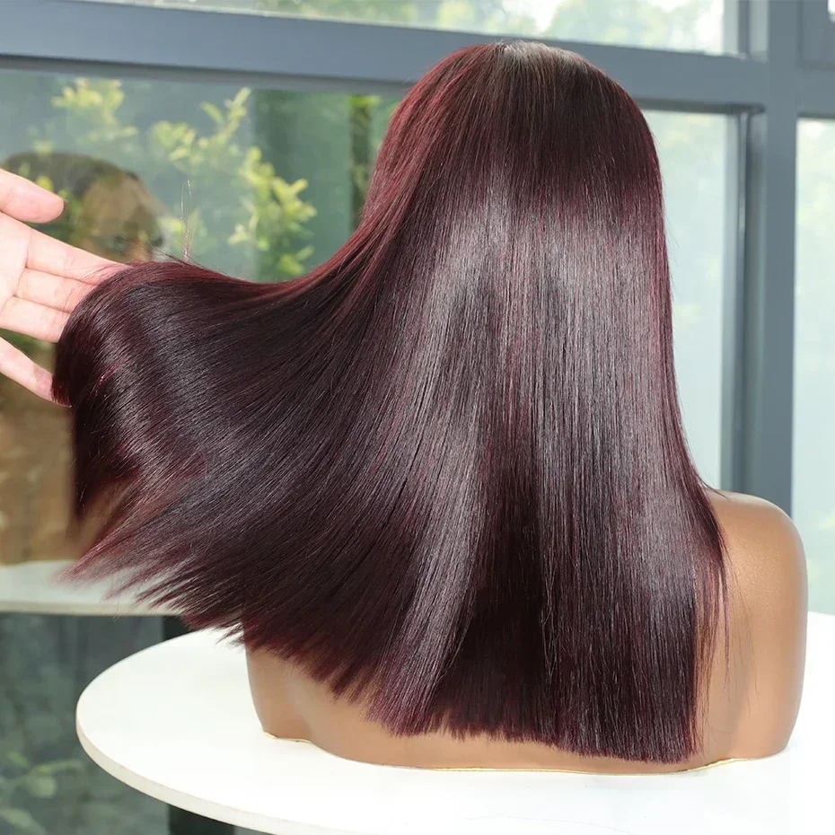 

13x6 13x4 Frontal Bob 100% Hair Lace Front Wig Dark 99J Burgundy Square Cut Raw Vietnamese Bone Straight 250% Pre Plucked