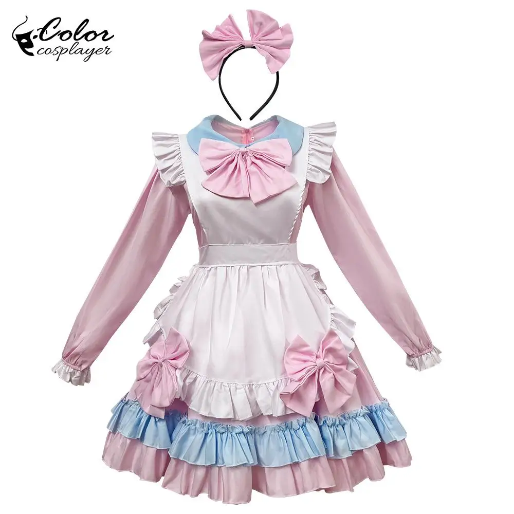 

Pink Lolita Dress Long Sleeved Gown with Apron Maid Cosplay Costume Anime Style Dress Comic Con Outfit Festival Party Suit