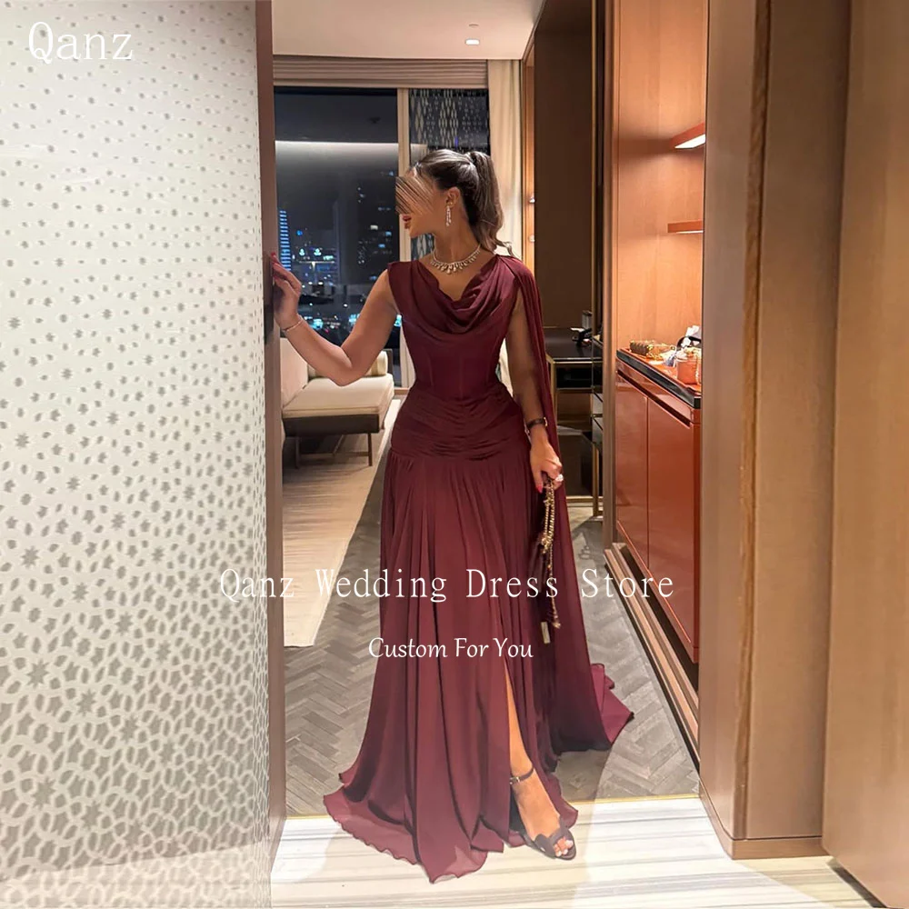 

Qanz Dark Burgundy Chiffon Evening Dresses Women High Slit Long A Line Formal Vestidos De Fiesta Abendkleider Dubai Customized