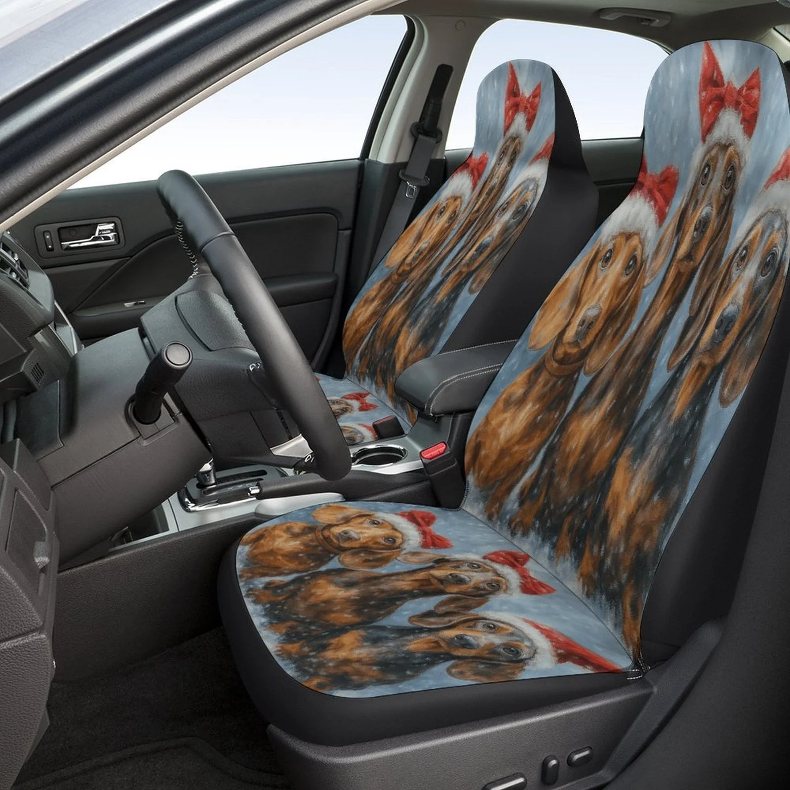 Christmas Dachshunds Car Seat Cover Set - Festive Santa & Reindeer Design, High-Quality Polyester, Fit For Most Cars, Ideal For