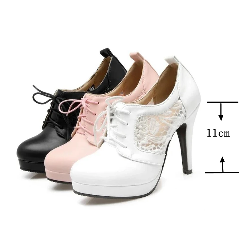 REAVE CAT 2022 Romantic Ladies Knitted Pumps Mesh Lace Up Pointed Toe Platform 11CM Spike Heel US12 Pink White Black A4372