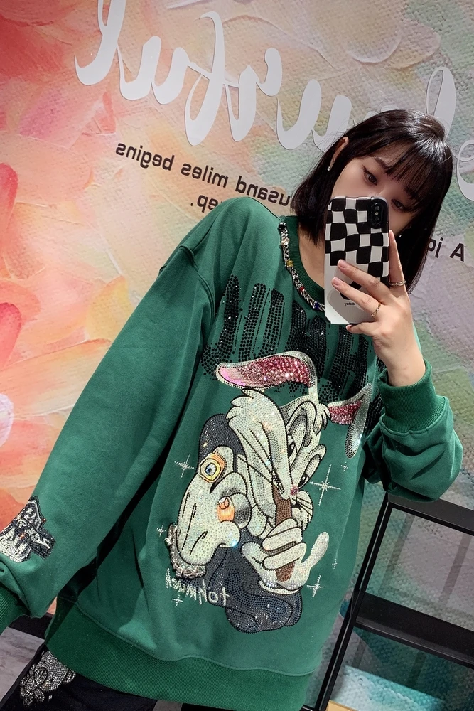 Imagem -06 - Diamante Colar O-pescoço Pullovers Topo Masculino Mulher Verde Hoodies Perfuração Quente dos Desenhos Animados Streetwear Manga Comprida Moletom Cor