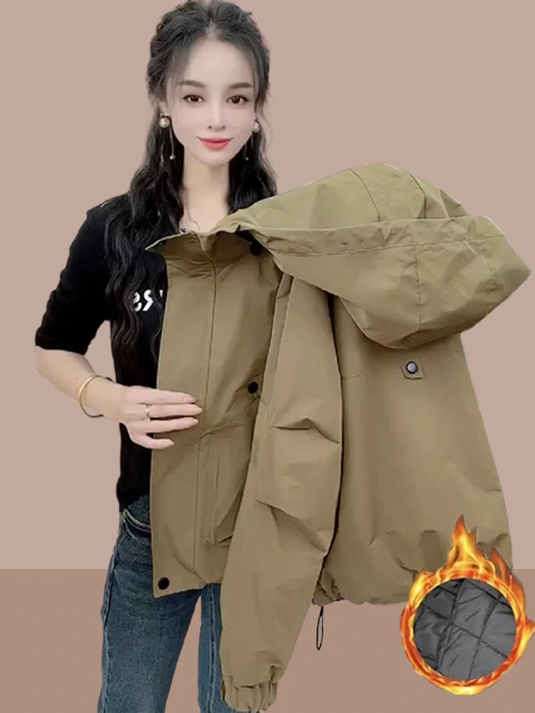 

Thiened Fce ort Jaet Women's Autumn Winter New Sle Commute Windbreaker Warm round Ne Zipper Closure Color