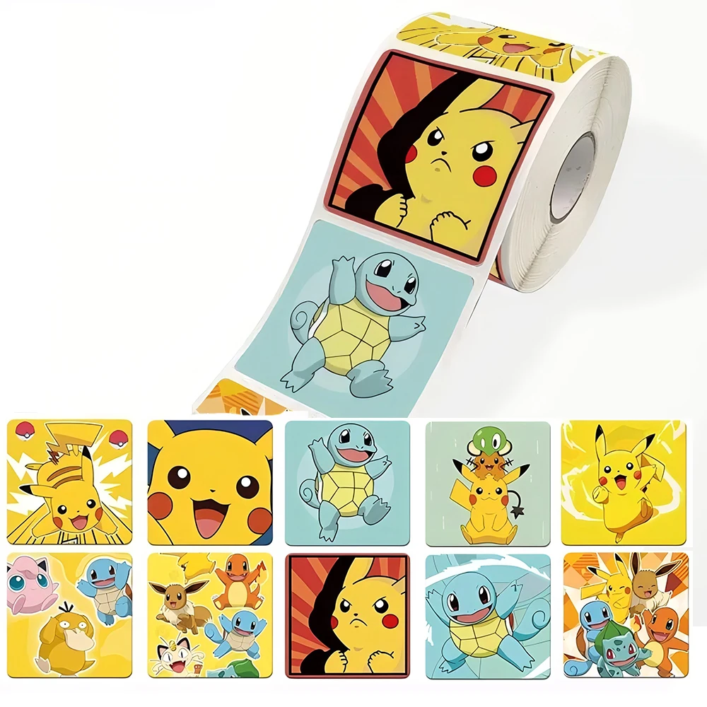 

500 шт. милых аниме-наклеек с Пикачу и Сквиртлом в рулоне, забавные декоративные стикеры для ноутбуков и телефонов, мультяшные наклейки-поощрения, подарки, игрушки