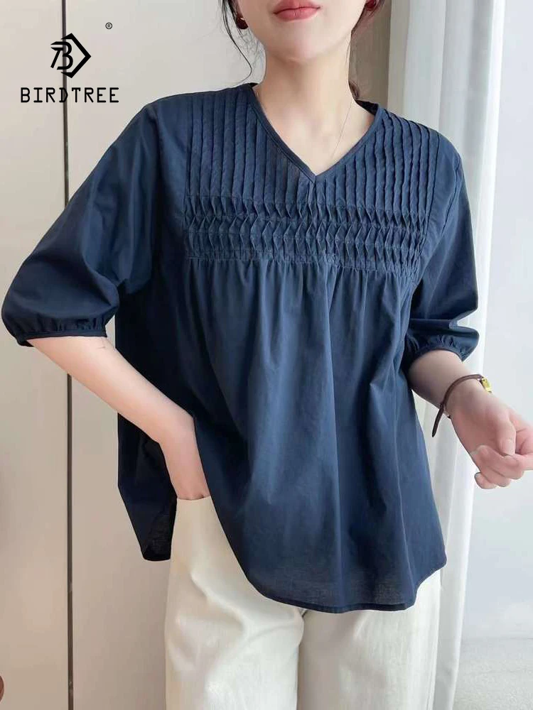 

New Spring Cotton Solid Shirt Women V Neck Long Sleeve Versatile Tops Girl Folds Loose Commute OL Blouse 2024 Autumn T44143QC