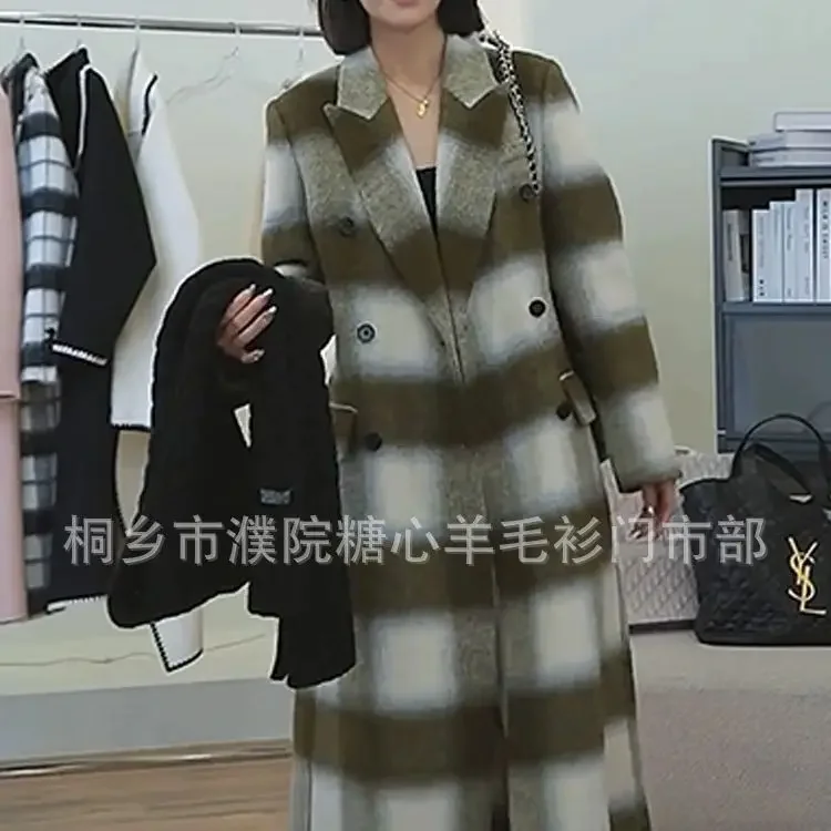 Autumn 2024 British style black and white versatile plaid double-sided wool long coat