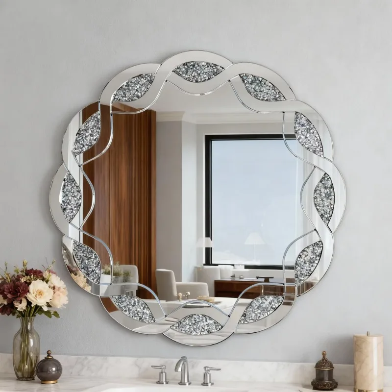 Silver broken diamond round wall mirror wavy frame decorative mirror, suitable for living room, bathroom, bedroom, corridor