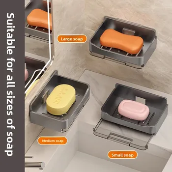 Wall Mounted Soap Drain Box No Punching Household Bathroom Soap Holder Simple with Hook, N
