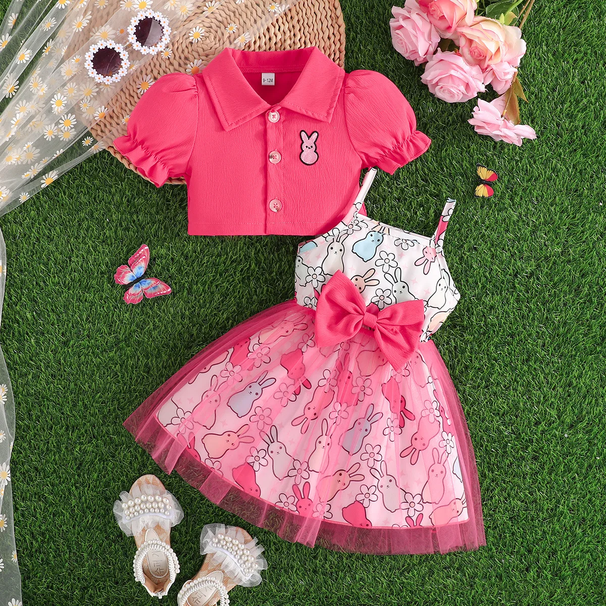 

2025 New Baby Clothes Sets Short Puff Sleeve T-shirt Print Rabbit Bow Dress 2 Piece Sets Designer Casual Girls Clothes Sets 0-3T