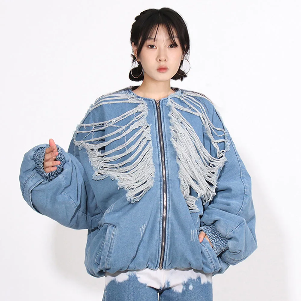 Winter Round Neck Denim Jackets For Women Puff Sleeve Ripped Hole Loose Cotton Liner Blue Jean Coat Women Vintage Washed Outwear