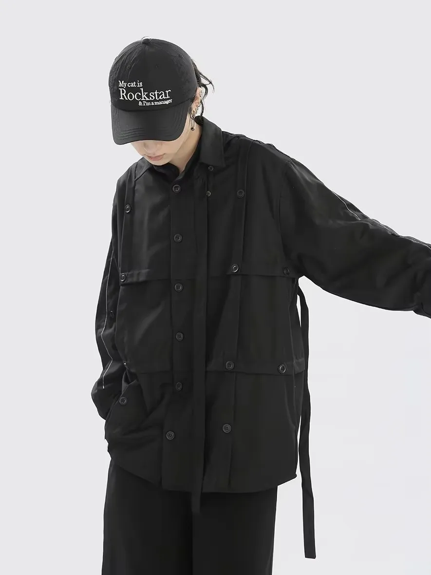 S-6XL 2025 roupas masculinas femininas estilista de cabelo preto sobreposto carcela botão fita decoração camisa amantes trajes tamanhos grandes