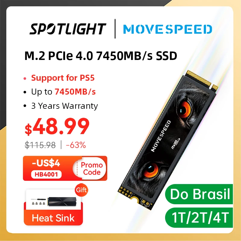 MOVESPEED 7450 МБ/с SSD NVMe M.2 2280 4 ТБ 2 ТБ 1 ТБ Внутренний твердотельный жесткий диск M2 PCIe 4.0x4 2280 SSD-накопитель для портативных ПК PS5