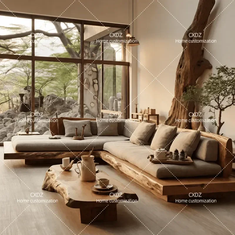 Wabi Sabi Style Luxury Sofa Solid Wood Living Room Office Furniture Vintage Log Couch for Homestay Atmosphere Decor