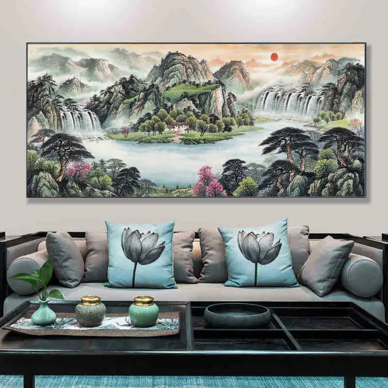 Living room painting middle hall sofa background wall mural calligraphy painting new Chinese atmospheric landscape